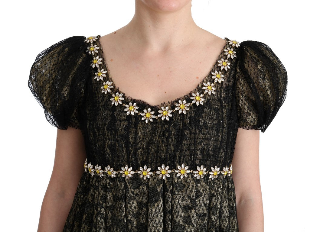 Dolce & Gabbana Black and Yellow Crystal Lace Shift Dress